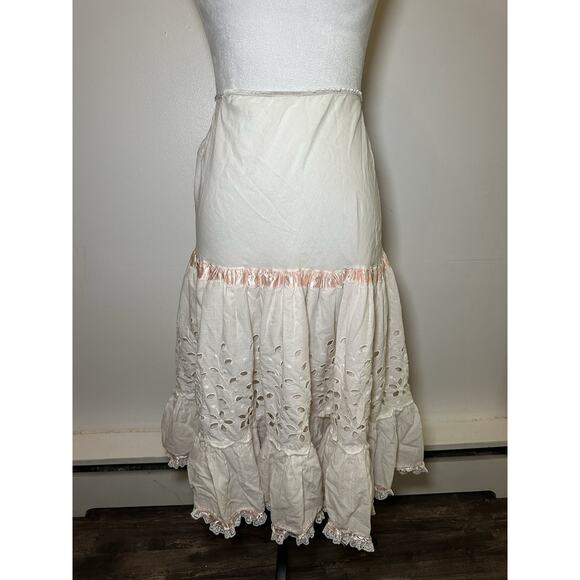 Women’s Vintage Handmade Hand Sewn 60s 70s Lace Pink Ivory Flowy Midi Skirt - Picture 2 of 9